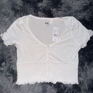 PacSun White Smocked Button-Front Crop Top